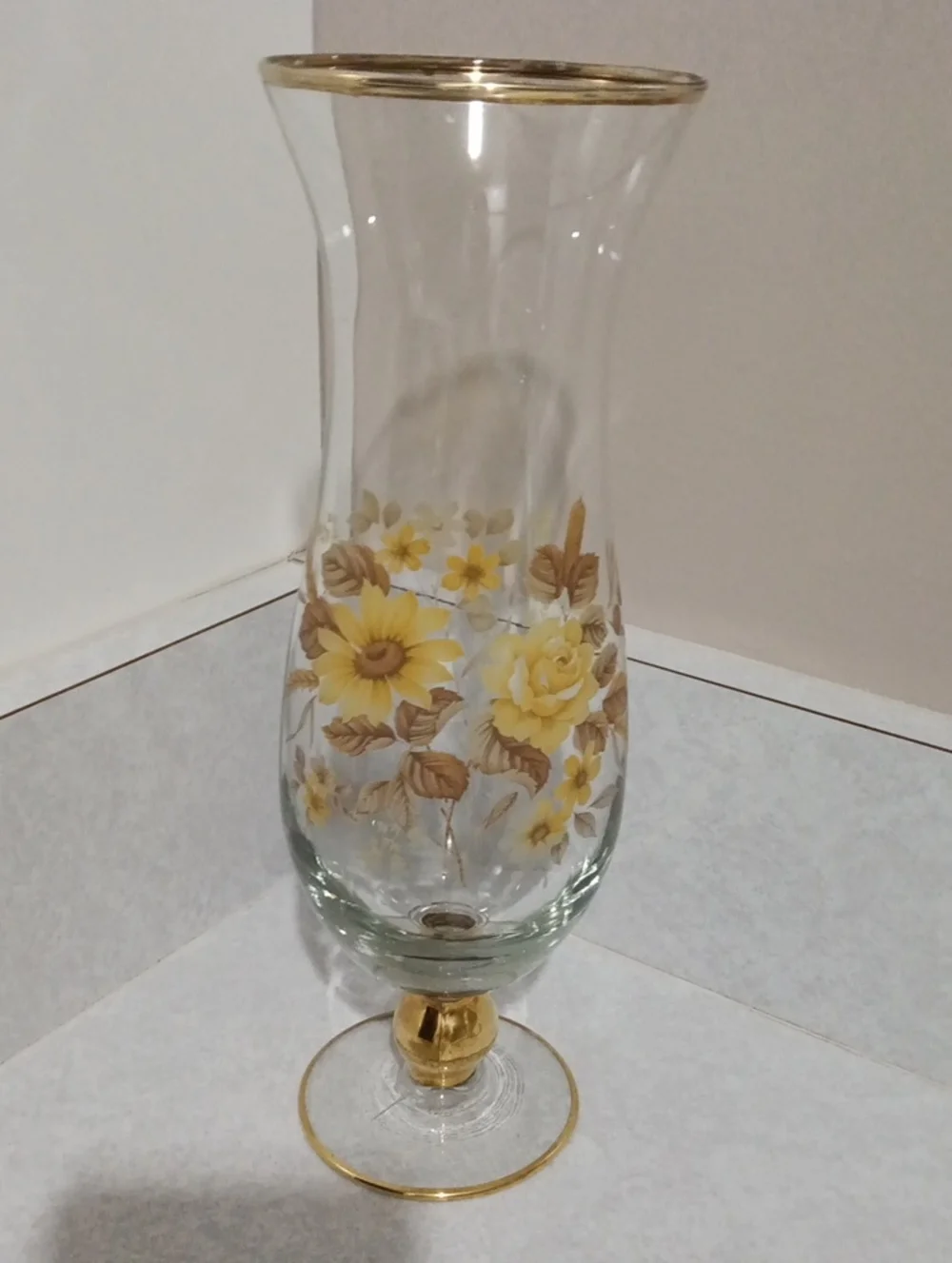 Glass Floral Hurricane Vase with Gold Trim - Yellow